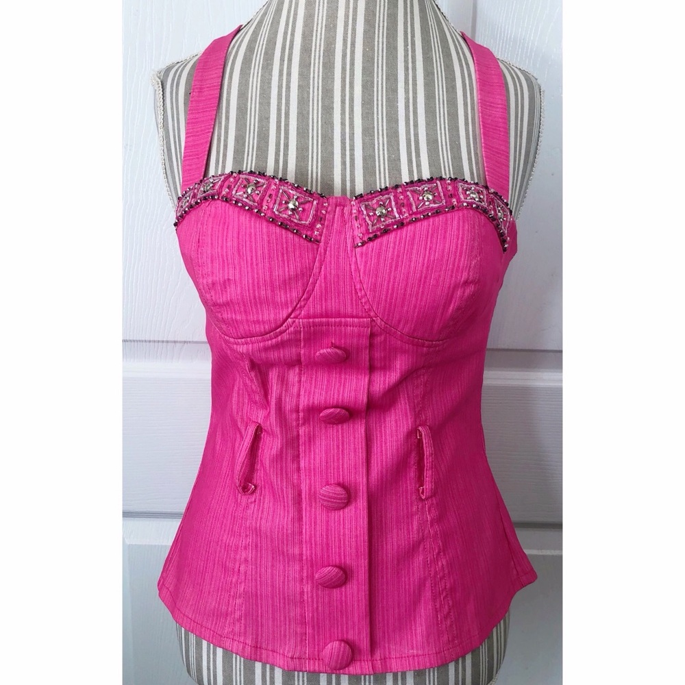 Vintage Y2K Hot Pink Beaded Halter Corset Top Small